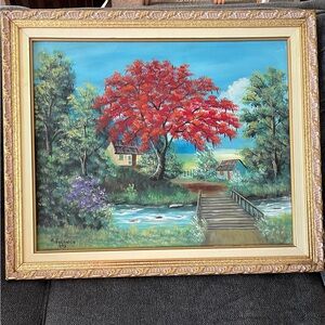 Vintage Oil Landscape Painting Signed R. Polanco Partial Frame 25x29